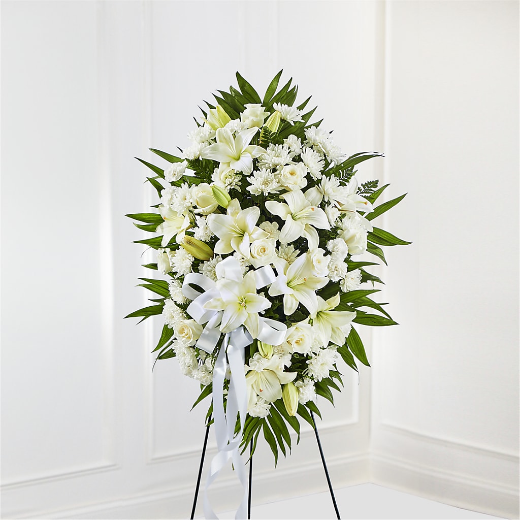 Exquisite Tribute Standing Spray-White Ribbon – Usaflorist.com, Tontitown AR